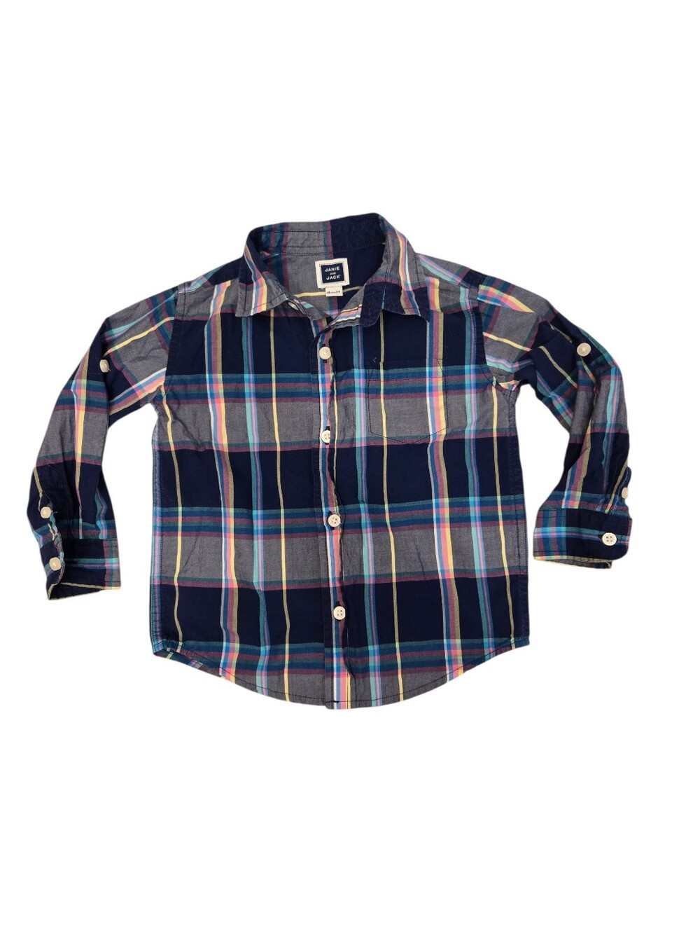 Janie And Jack Navy Blue Pink Plaid Button-Up Shirt